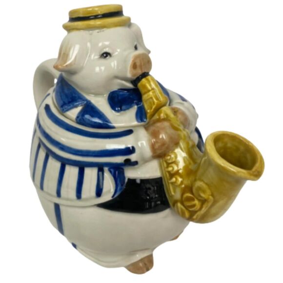 Vintage Hand Painted Teapot Musician Pig Playing Saxophone Jazz Vintage Japan - Picture 4 of 16